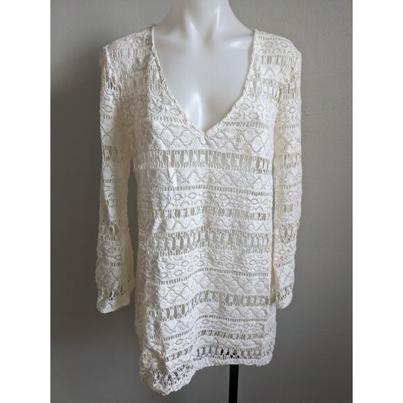 Milly Cabana Size Small Crochet Shift Mini Dress White V Neck Long Sleeves - Picture 3 of 14